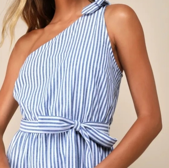 Lulu's Gleeful Getaway Nautical Striped Linen One Shoulder Midi Dress Size S - Picture 9 of 16